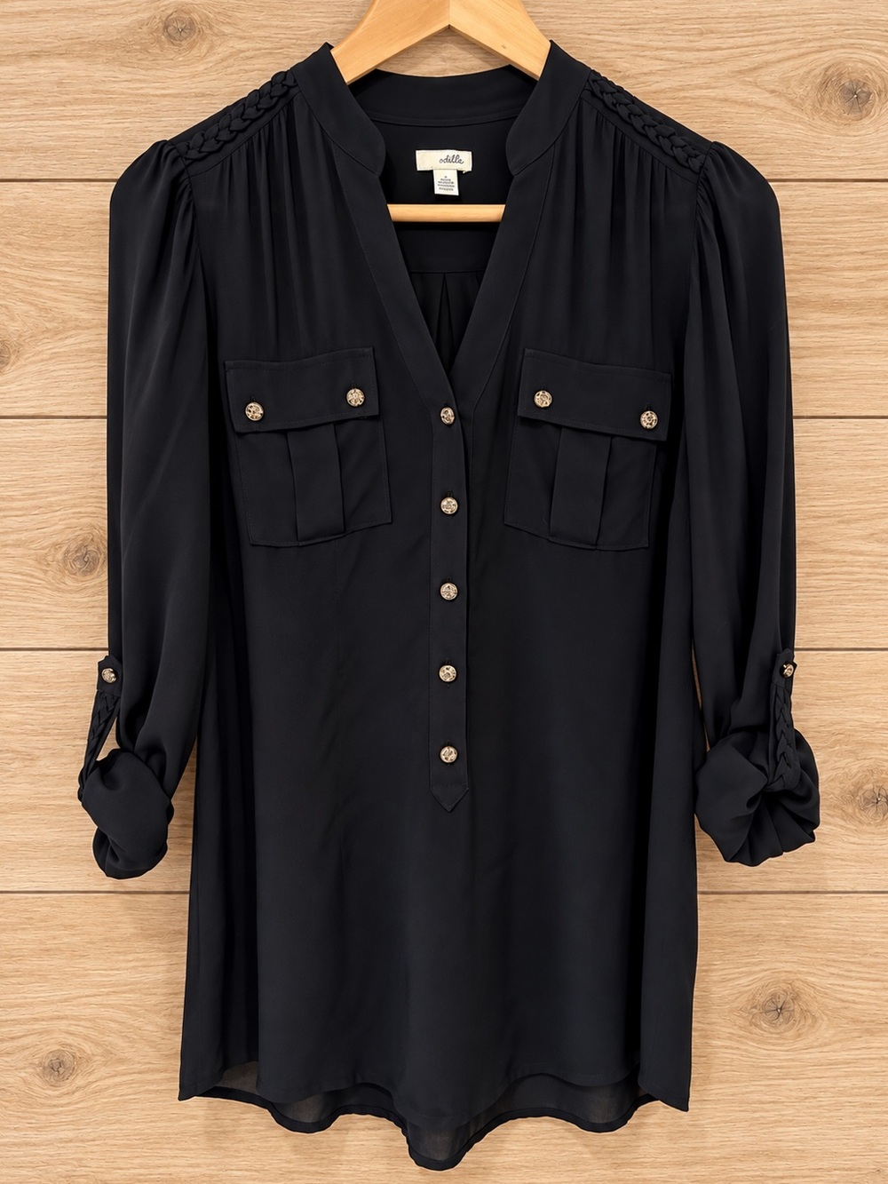 Anthropologie Odille Vintage Black Utility Tunic Blouse Classic Capsule Size 2